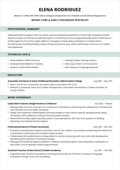 Free Infant Caregiver ATS Resume Template, AI Resume Builder