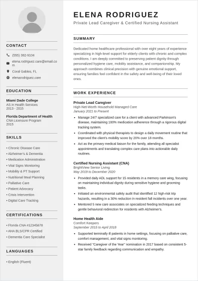 Free Private Caregiver ATS Resume Template, AI Resume Builder