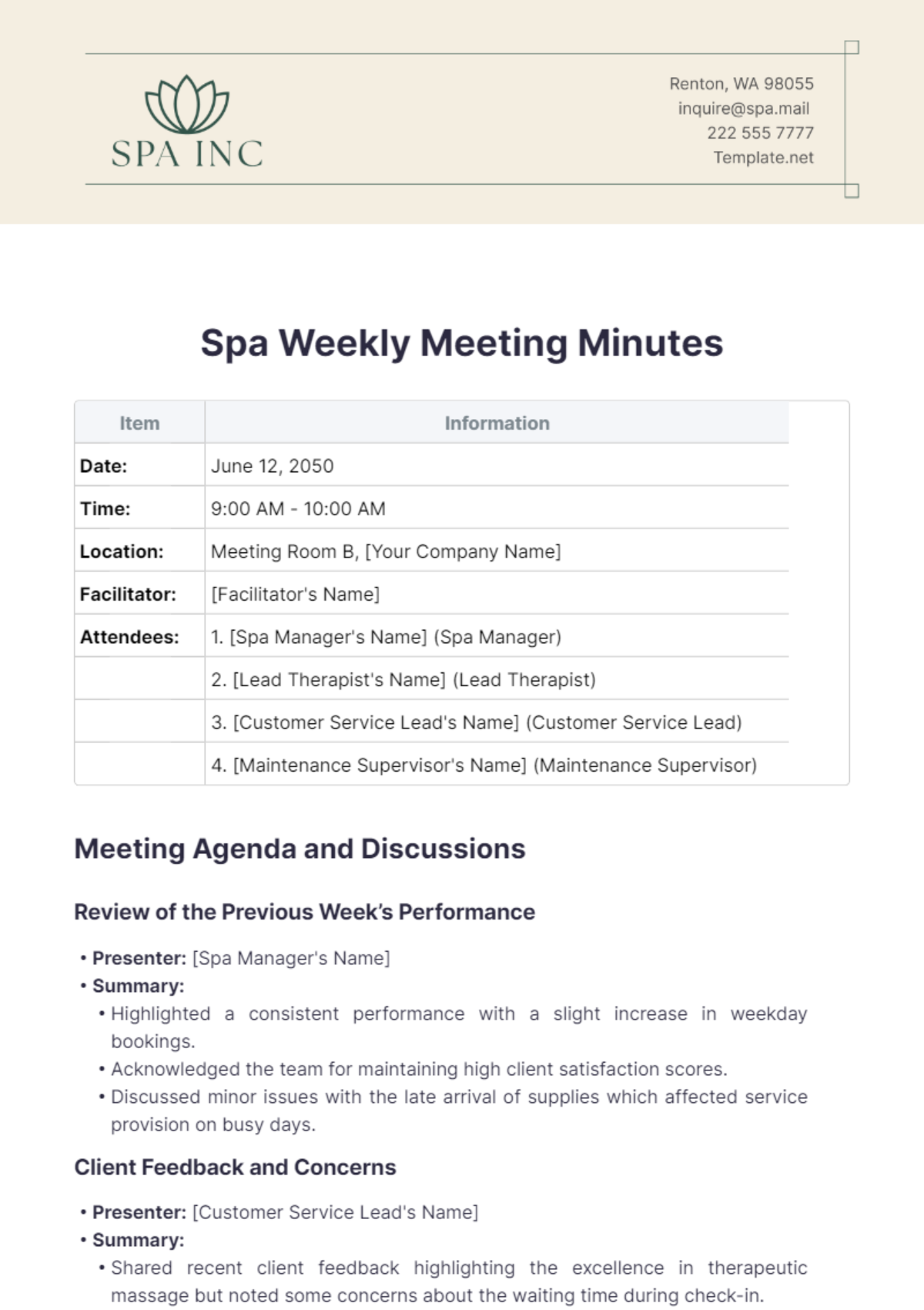 Spa Weekly Meeting Minutes Template - Edit Online & Download