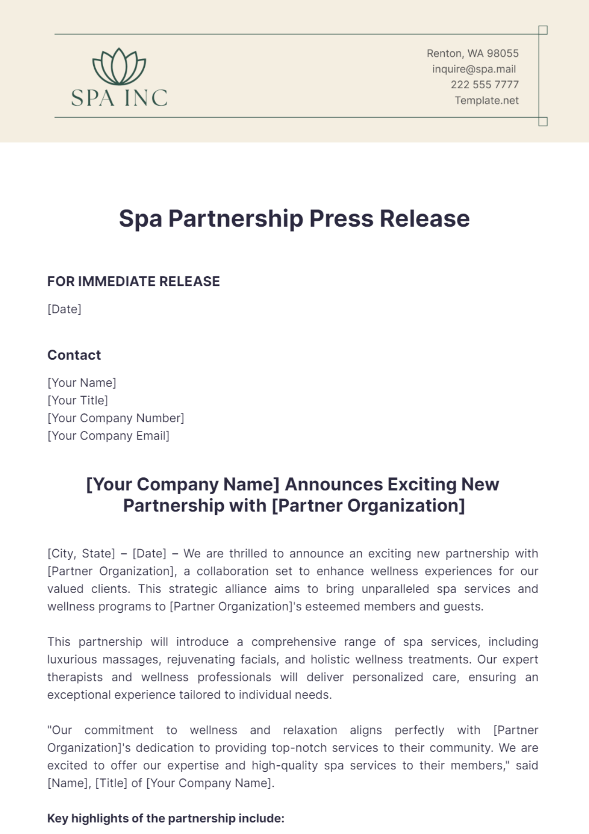 Spa Partnership Press Release Template - Edit Online & Download