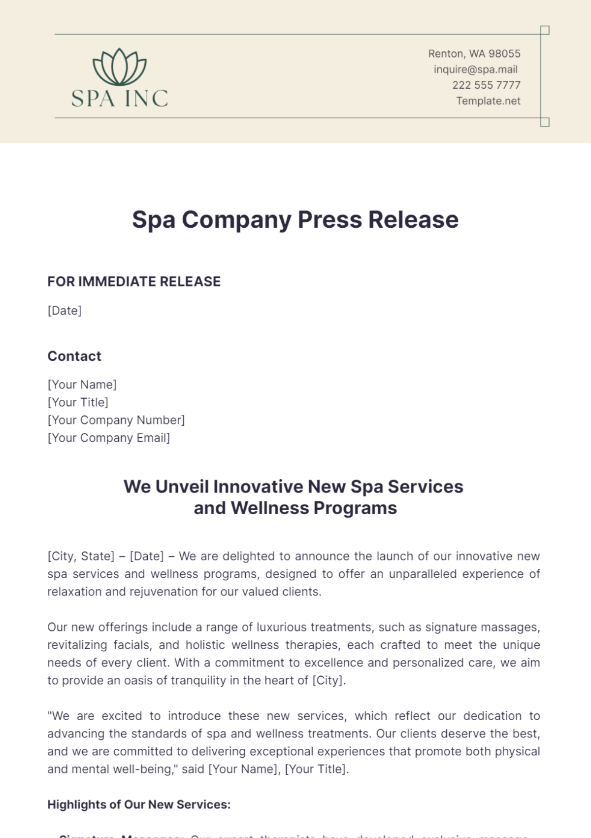 Spa Company Press Release Template - Edit Online & Download