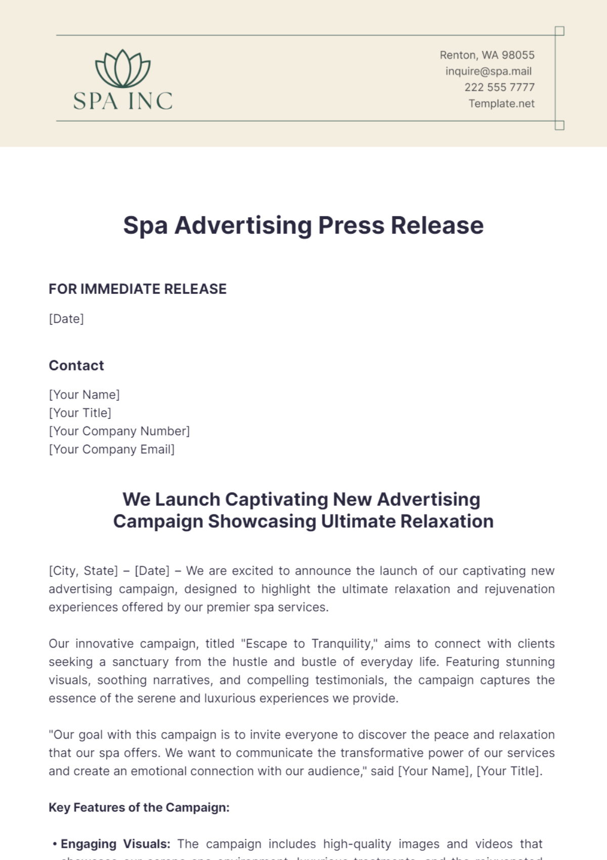 Spa Advertising Press Release Template - Edit Online & Download