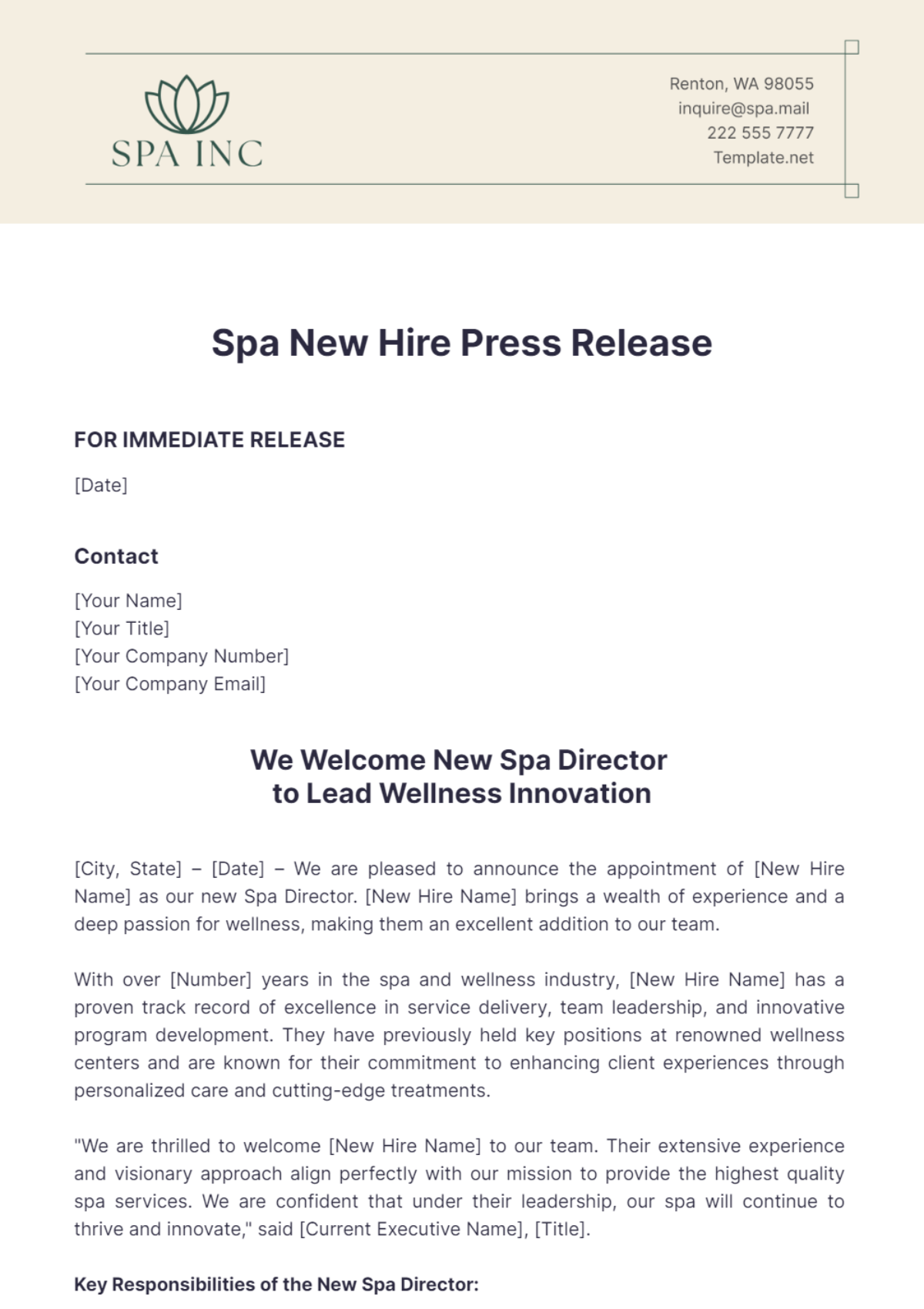 Spa New Hire Press Release Template - Edit Online & Download