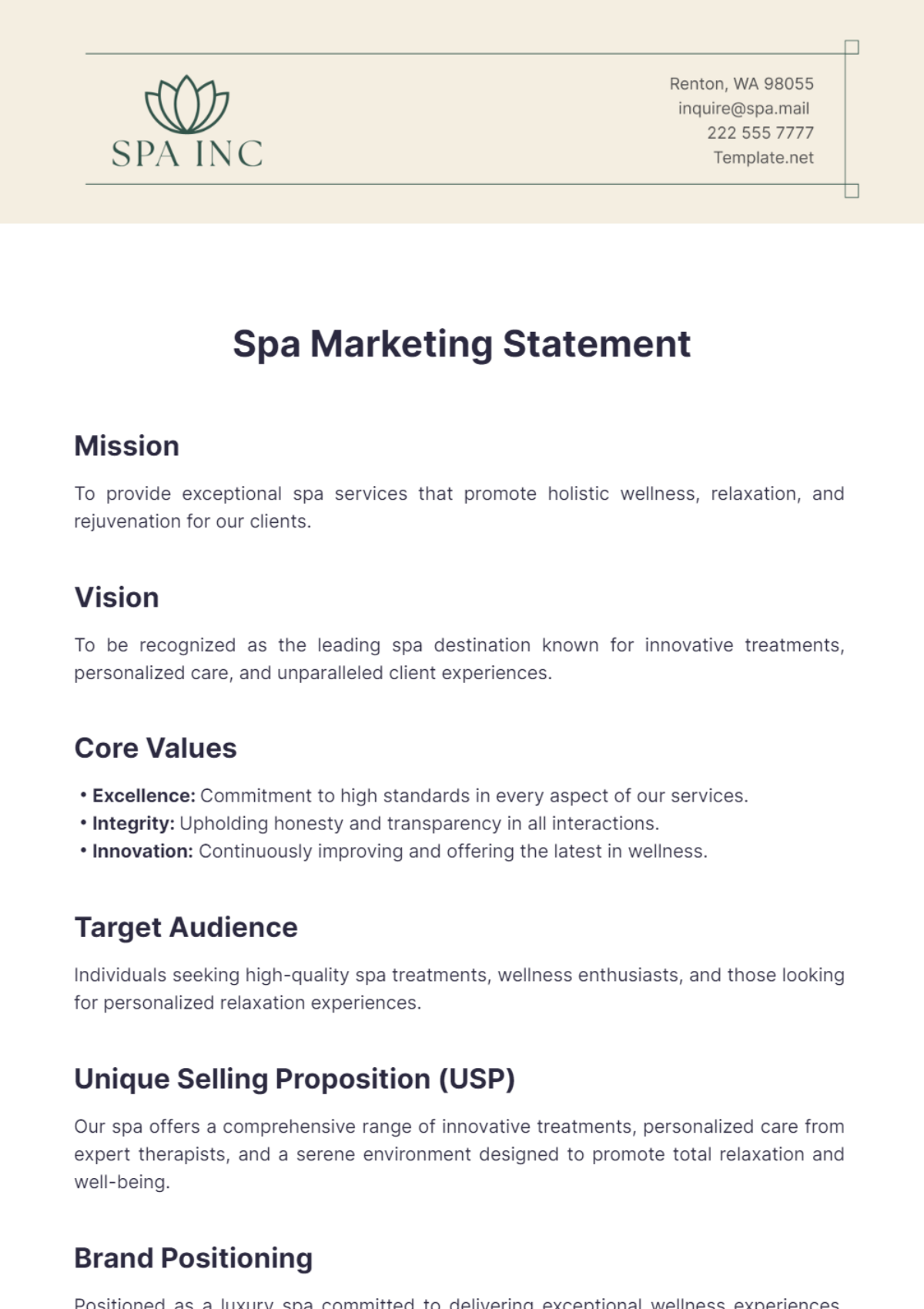 Spa Marketing Statement Template - Edit Online & Download