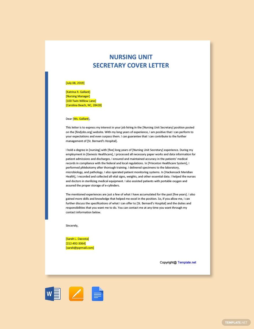 Nursing Unit Secretary Cover Letter in Word, Google Docs, Pages, PDF - Download | Template.net