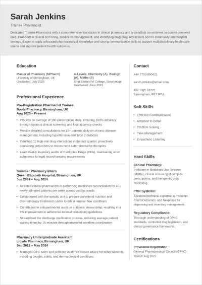 Free Trainee Pharmacist ATS Resume Template, AI Resume Builder