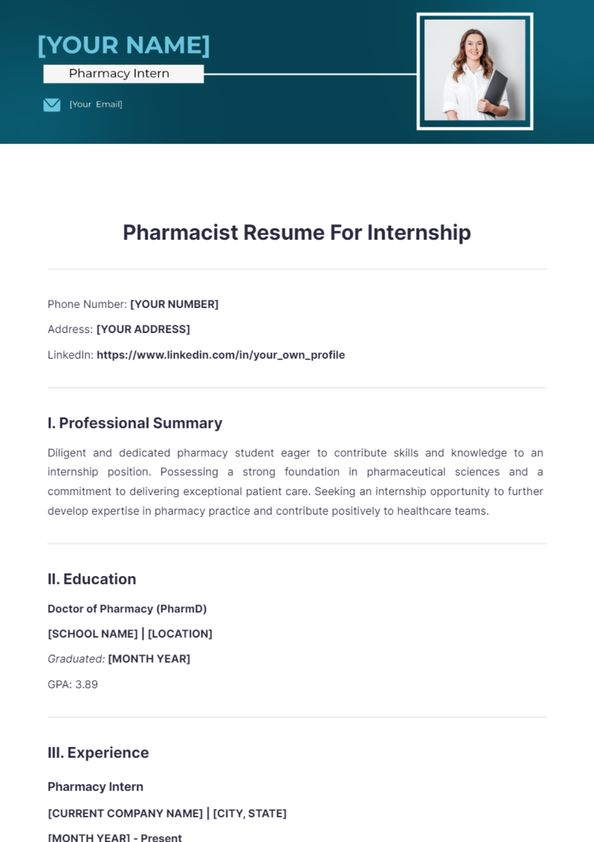 Pharmacist Resume For Internship - Edit Online & Download