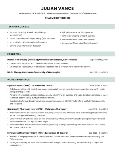 Free Pharmacist ATS Resume For Internship Template, AI Resume Builder