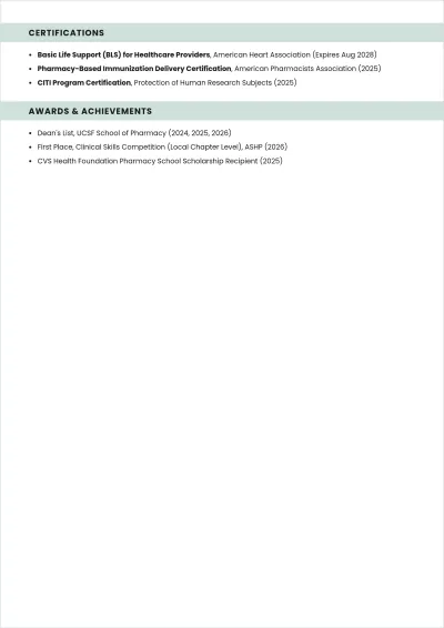 Free Pharmacist ATS Resume For Internship Template, AI Resume Builder