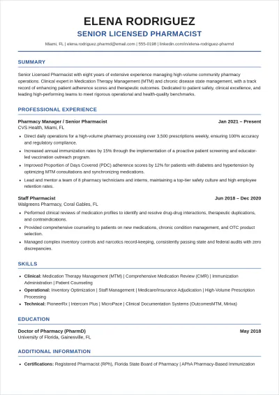 Free Licensed Pharmacist ATS Resume Template, AI Resume Builder