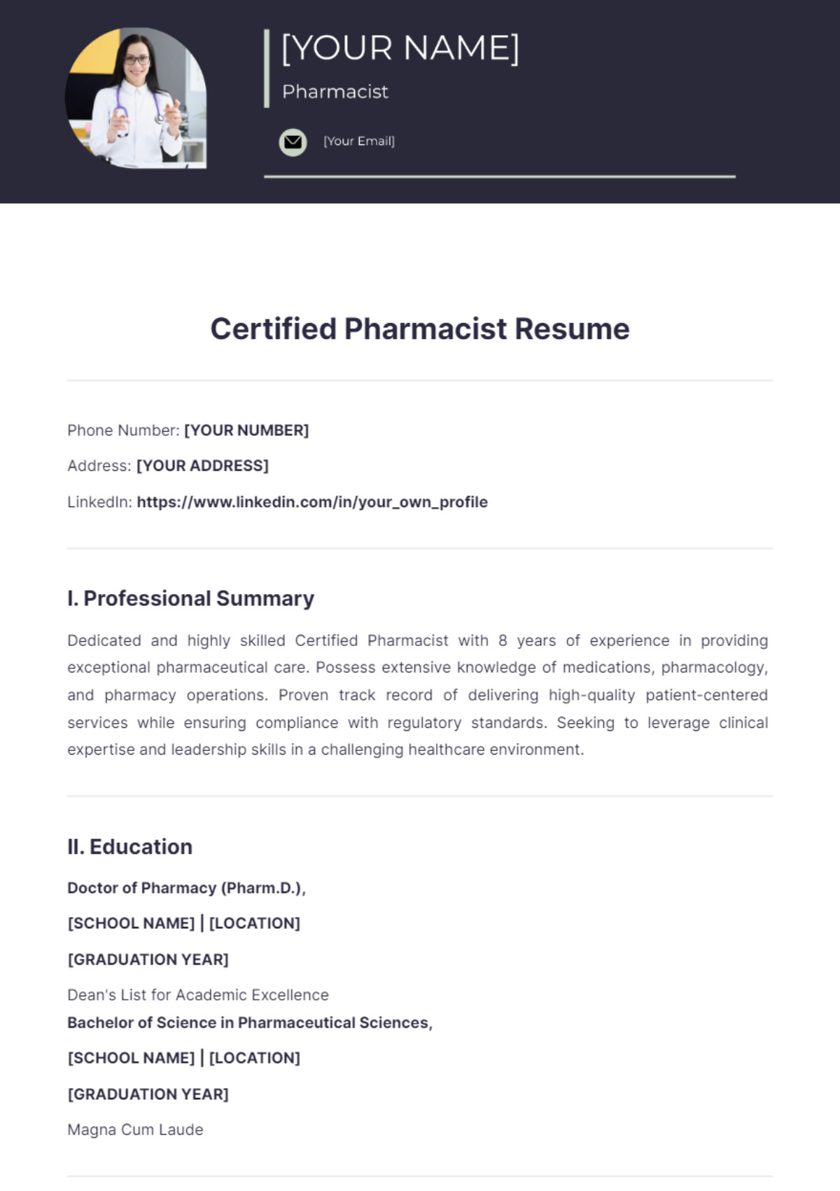 Certified Pharmacist Resume - Edit Online & Download