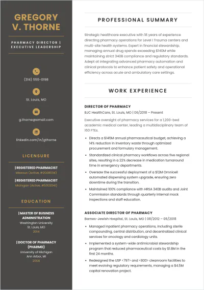Free Pharmacist ATS Resume For Director Template, AI Resume Builder