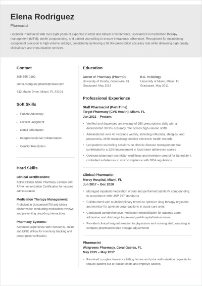 Free Part Time Pharmacist ATS Resume Template, AI Resume Builder