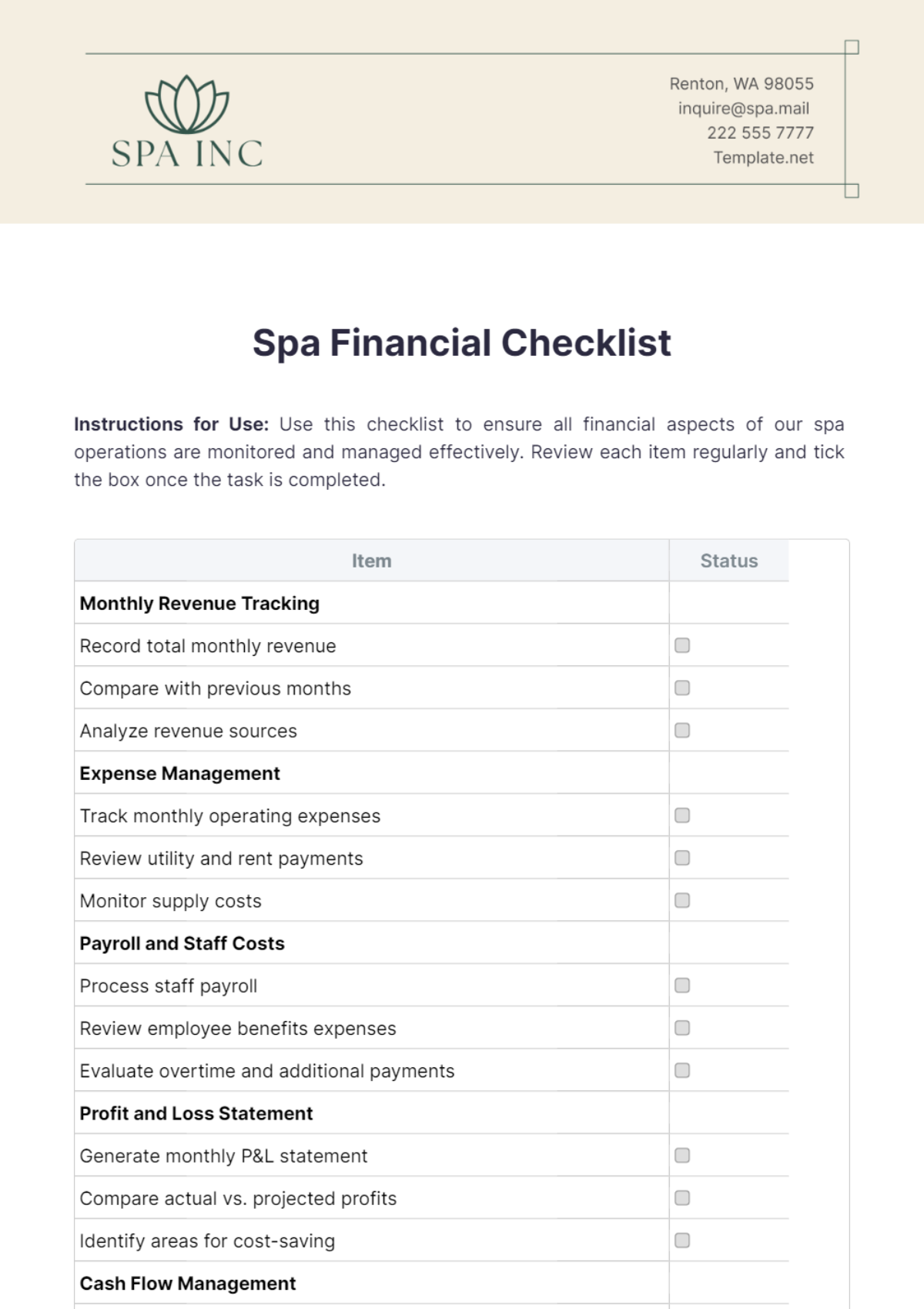 Spa Financial Checklist Template - Edit Online & Download