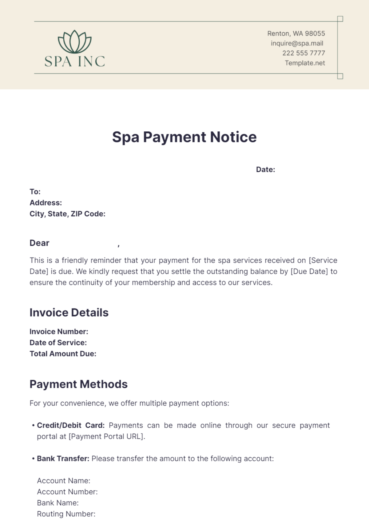 Spa Payment Notice Template - Edit Online & Download