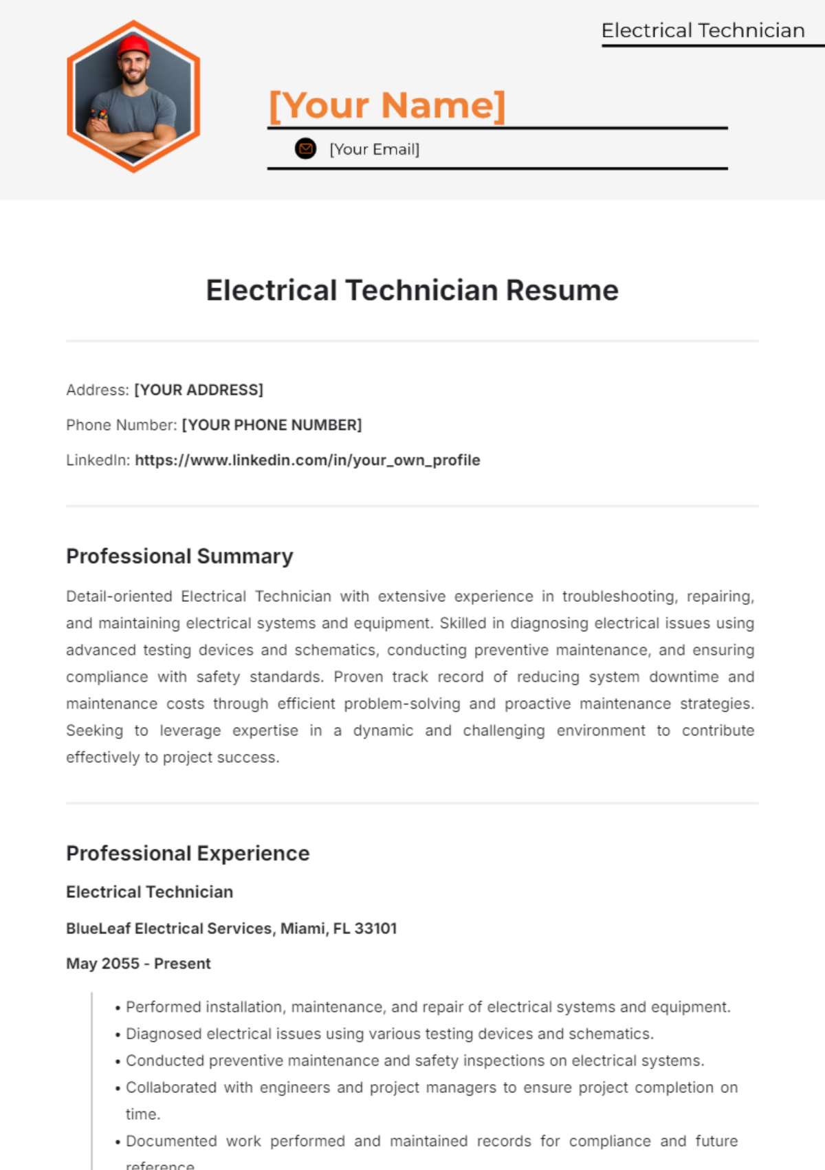 Electrical Technician Resume Template - Edit Online & Download