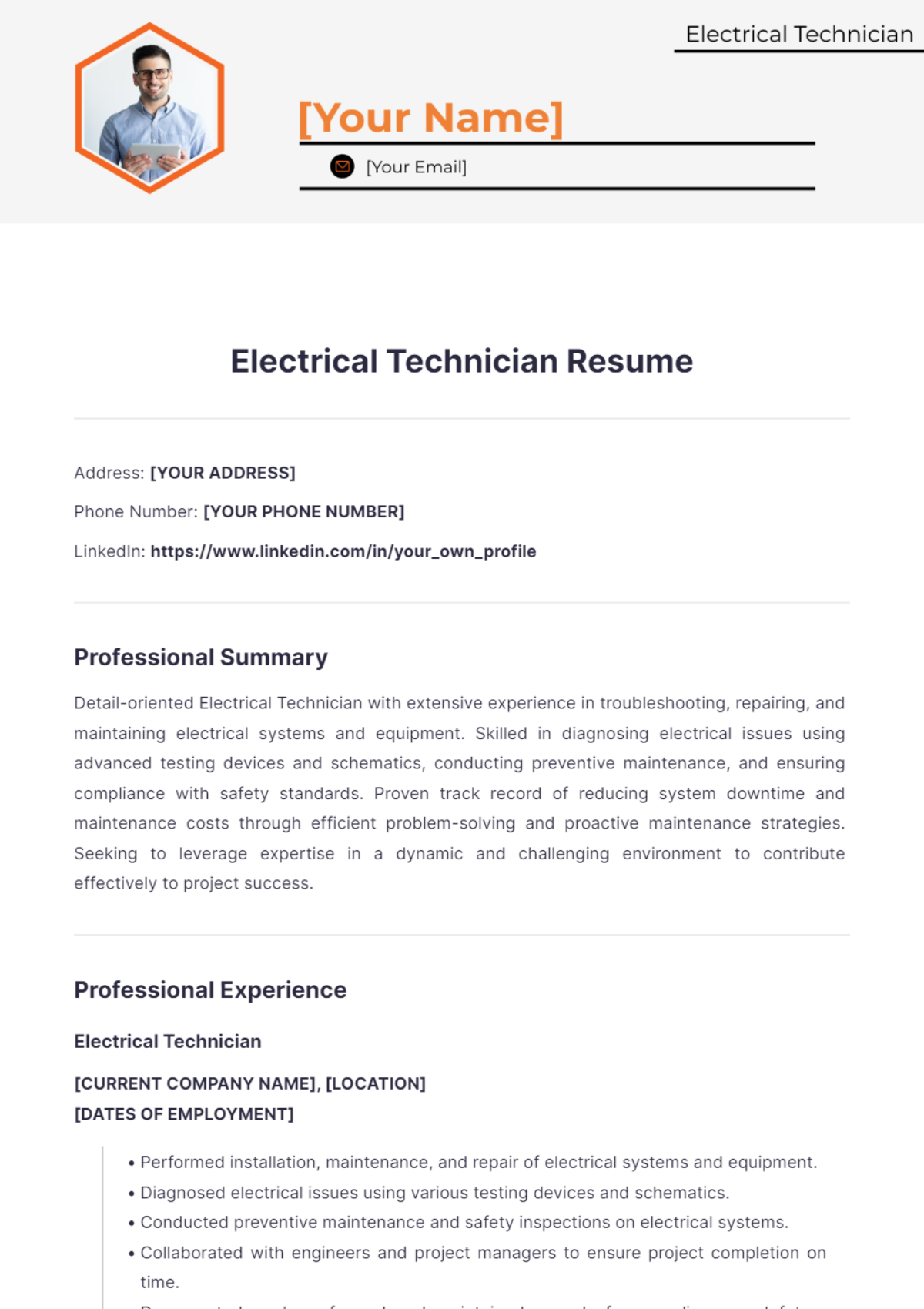 Electrical Technician Resume - Edit Online & Download