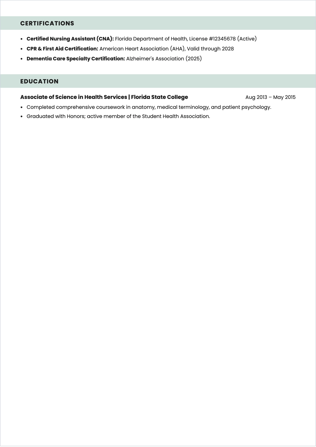 Free Certified Caregiver ATS Resume Template, AI Resume Builder
