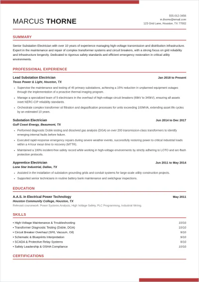 Free Substation Electrician ATS Resume Template, AI Resume Builder