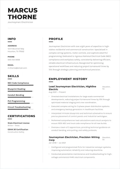 Free Licensed Electrician ATS Resume Template, AI Resume Builder