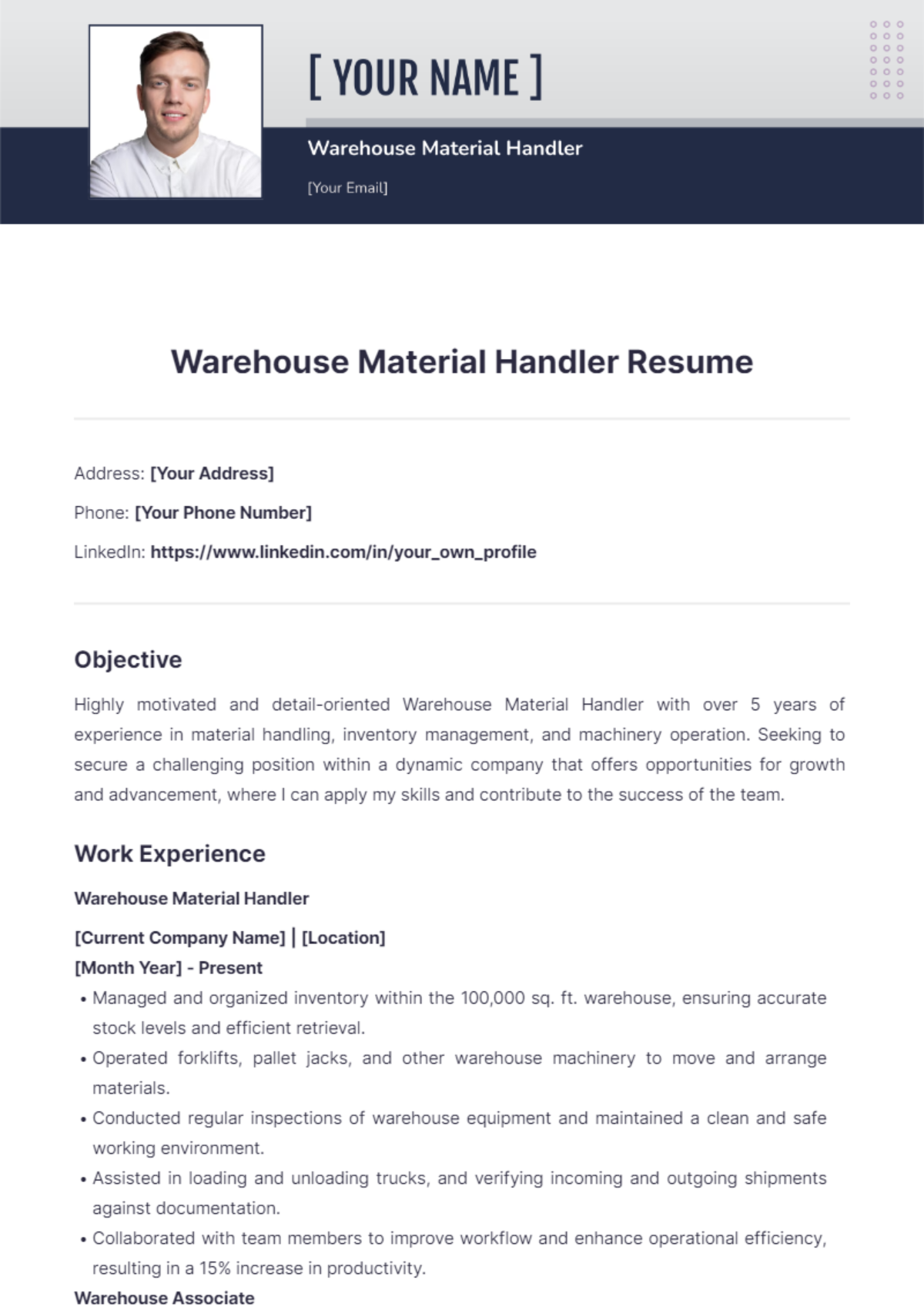 Free Warehouse Material Handler Resume Template