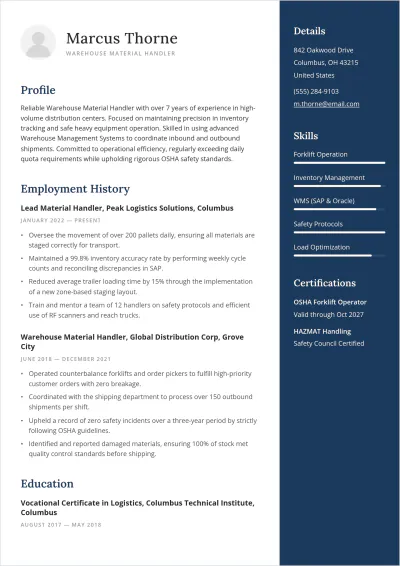 Free Warehouse Material Handler ATS Resume Template, AI Resume Builder