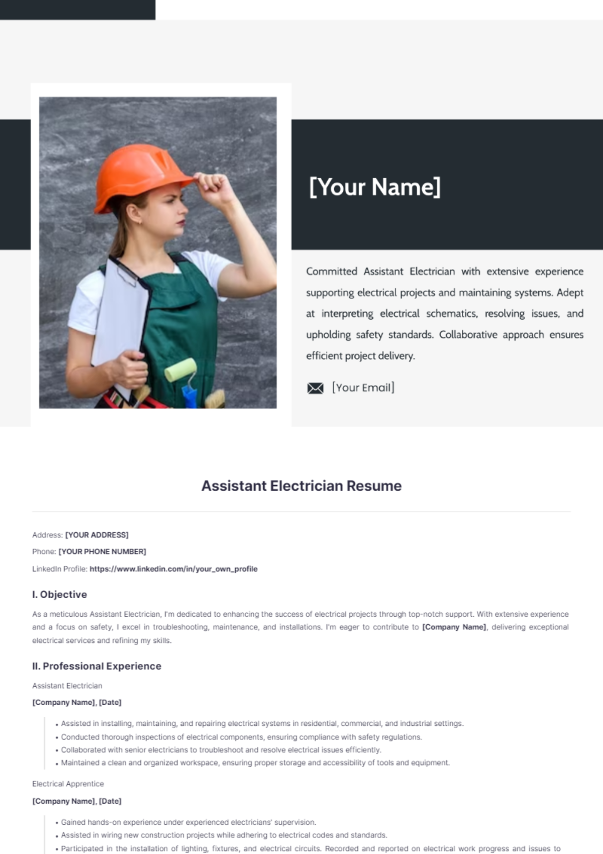 Assistant Electrician Resume - Edit Online & Download