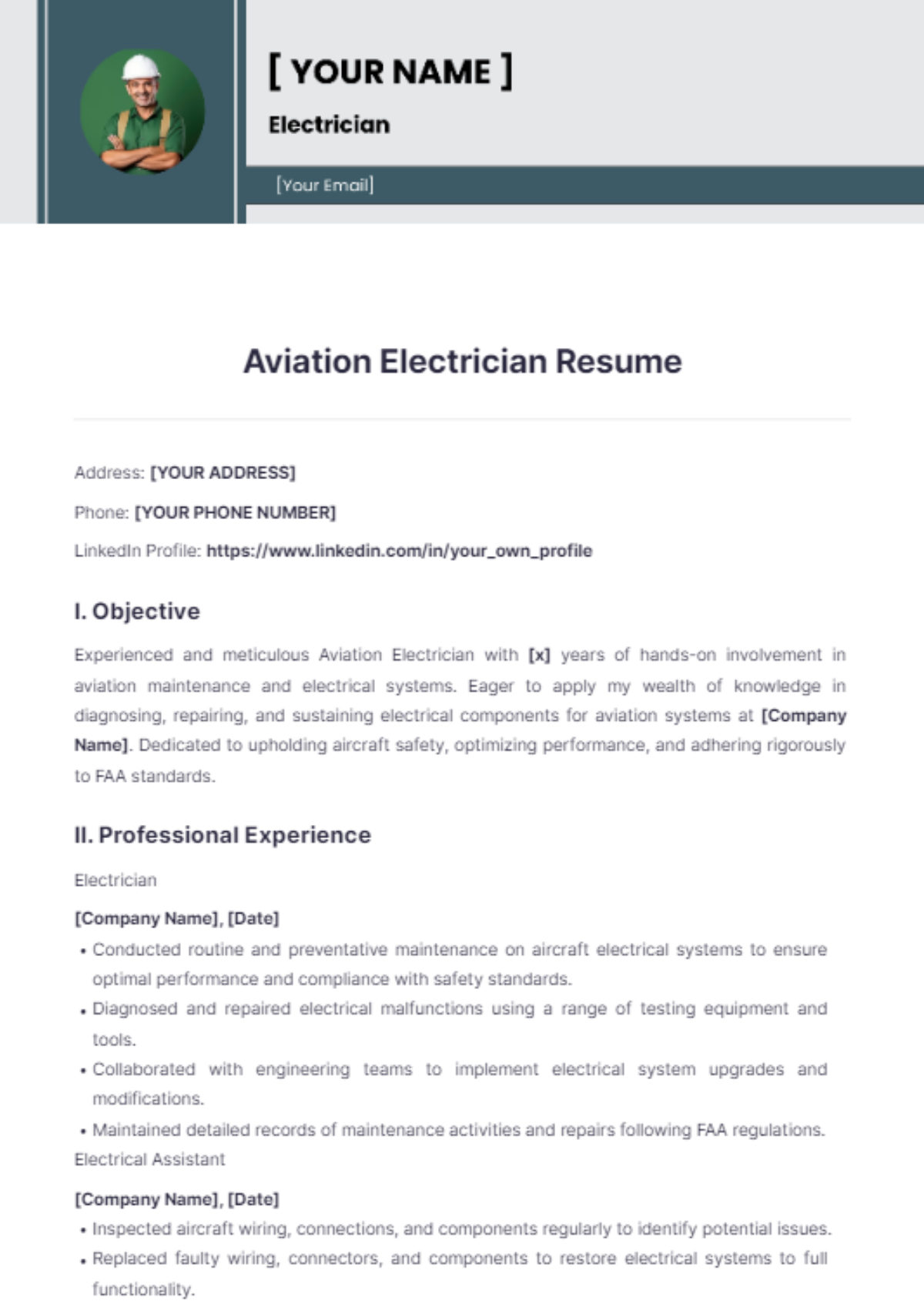 Aviation Electrician Resume - Edit Online & Download