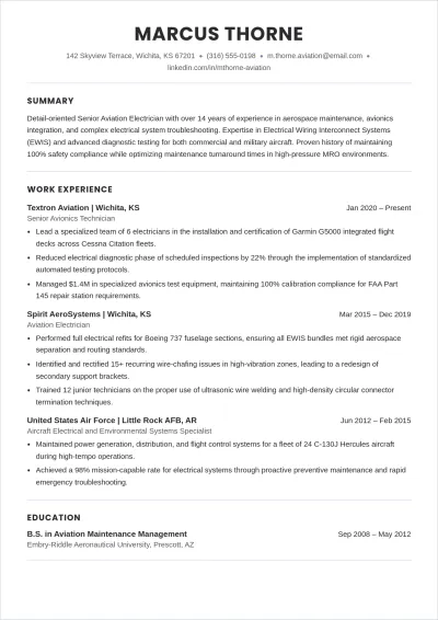 Free Aviation Electrician ATS Resume Template, AI Resume Builder