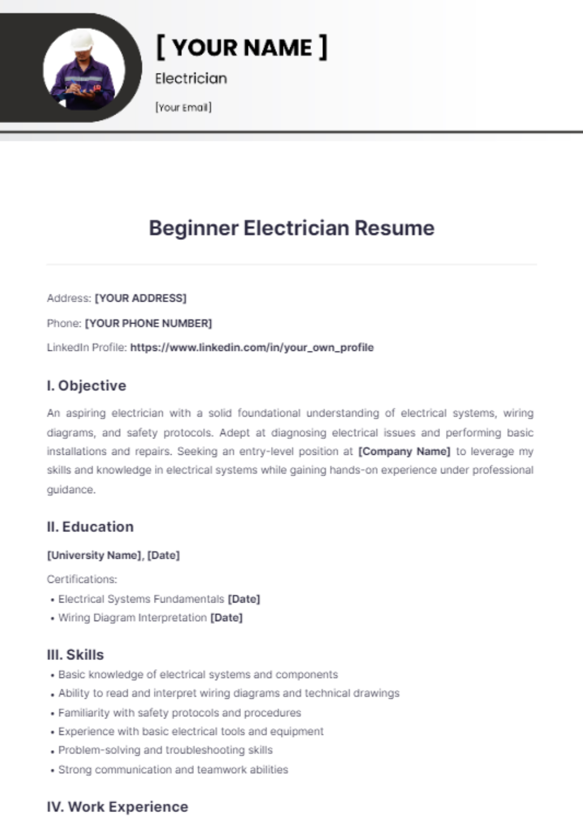 Free ITI Electrician Resume Template to Edit Online