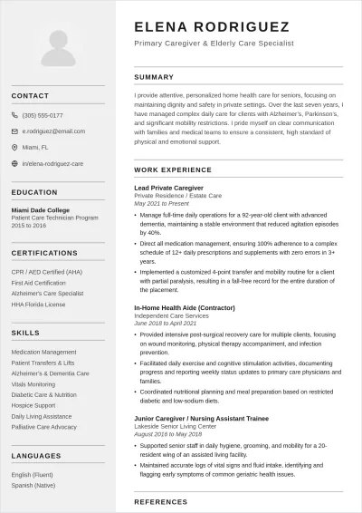 Free Primary Caregiver ATS Resume Template, AI Resume Builder