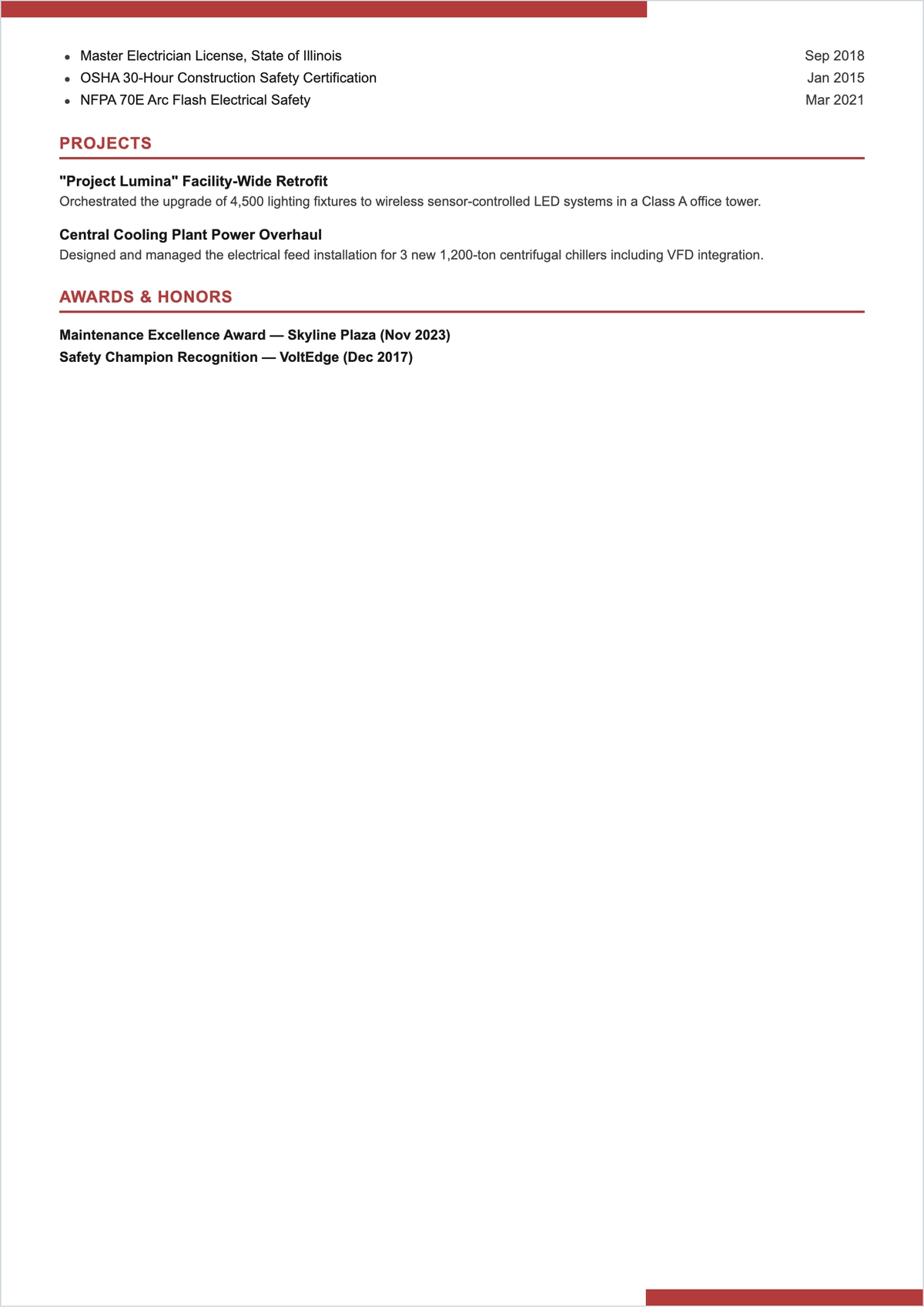 Free Building Electrician ATS Resume Template, AI Resume Builder