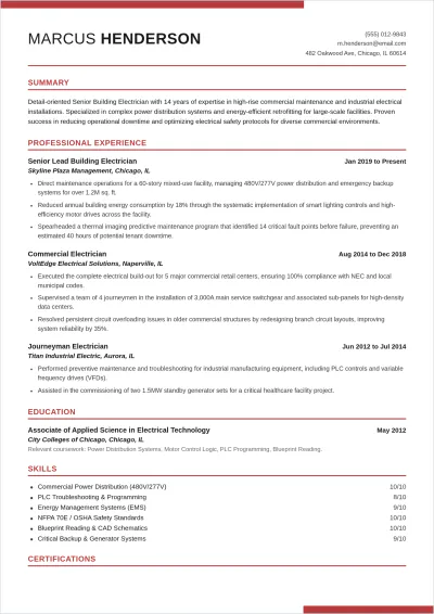 Free Building Electrician ATS Resume Template, AI Resume Builder