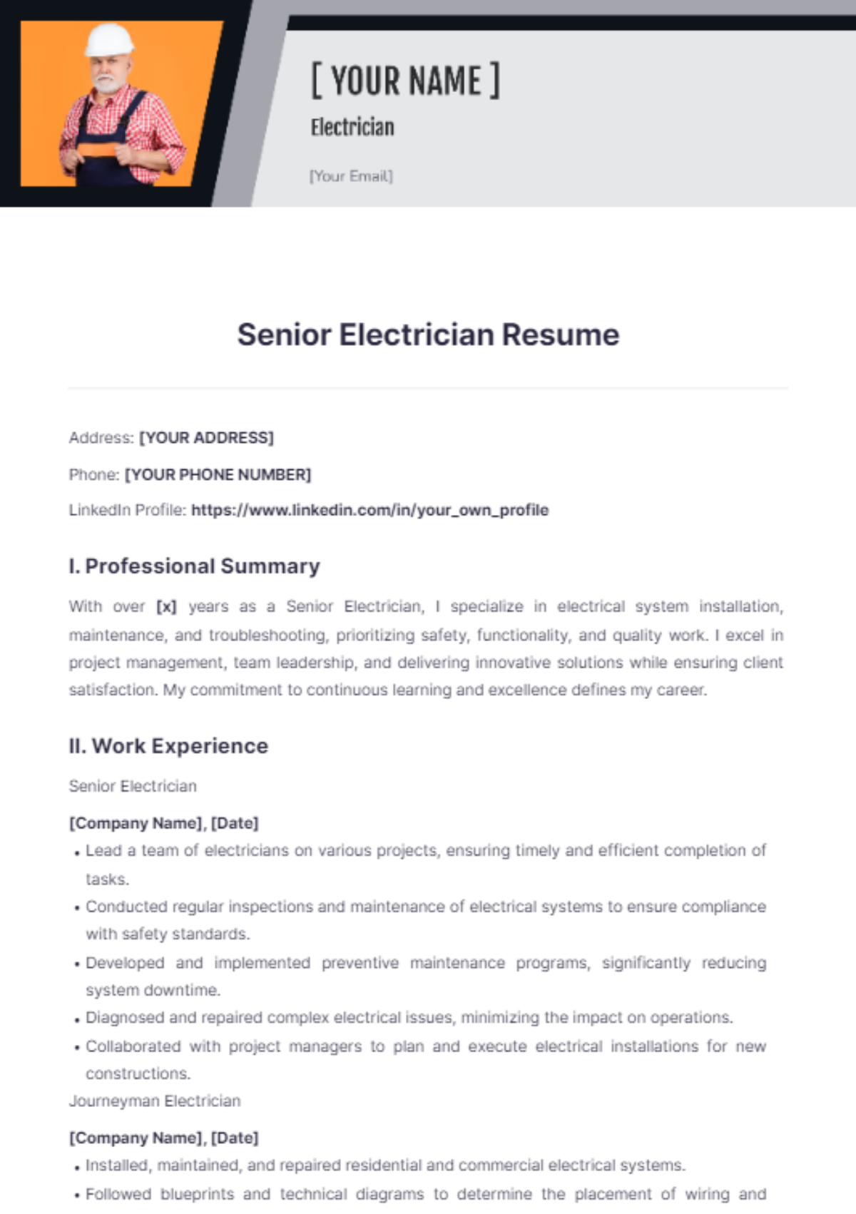 Senior Electrician Resume - Edit Online & Download