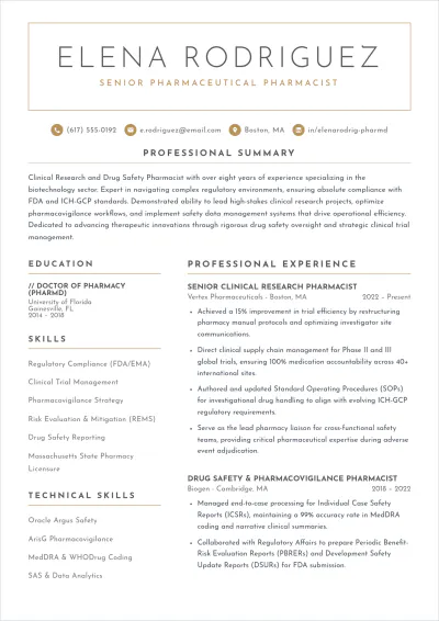 Free Pharmaceutical Pharmacist ATS Resume Template, AI Resume Builder