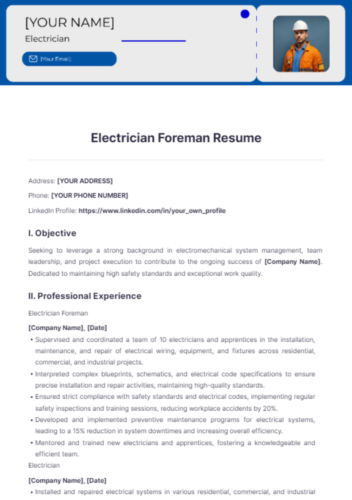 Electrician Foreman Resume - Edit Online & Download