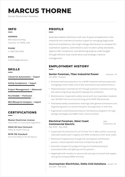 Free Electrician Foreman ATS Resume Template, AI Resume Builder
