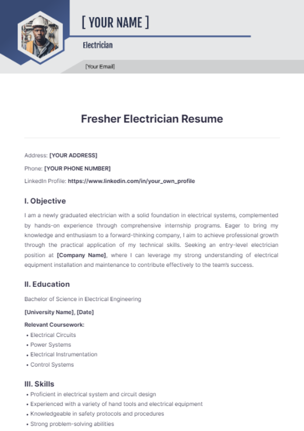 Fresher Electrician Resume - Edit Online & Download