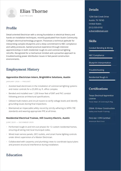 Free Fresher Electrician ATS Resume Template, AI Resume Builder