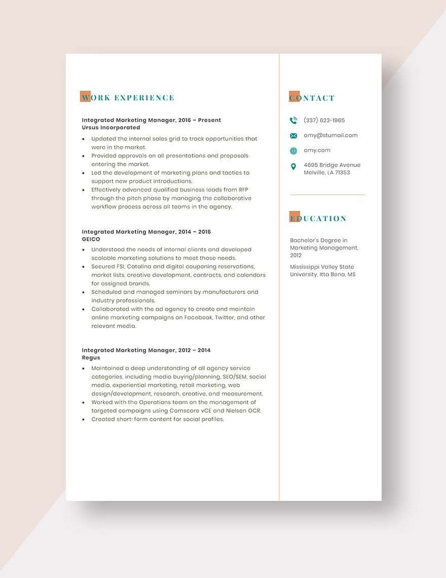 Integrated Marketing Manager Resume