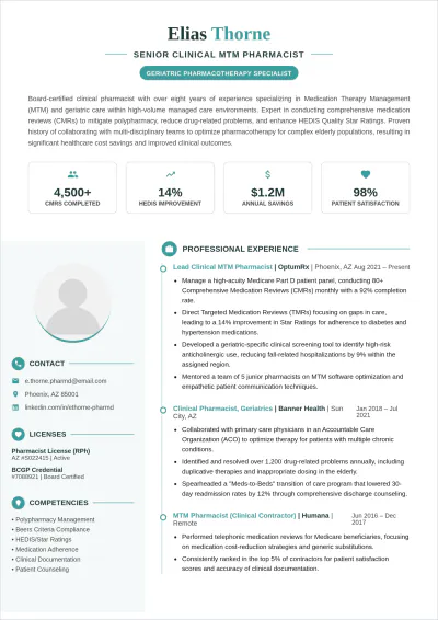 Free Clinical MTM Pharmacist ATS Resume Template, AI Resume Builder