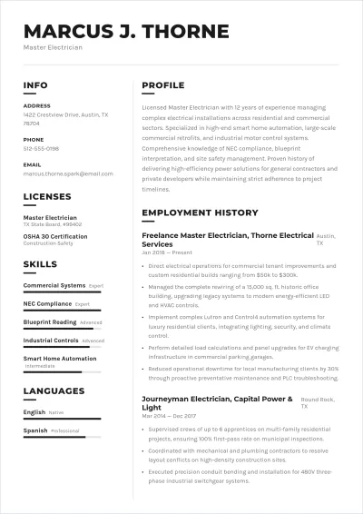 Free Freelance Electrician ATS Resume Template, AI Resume Builder