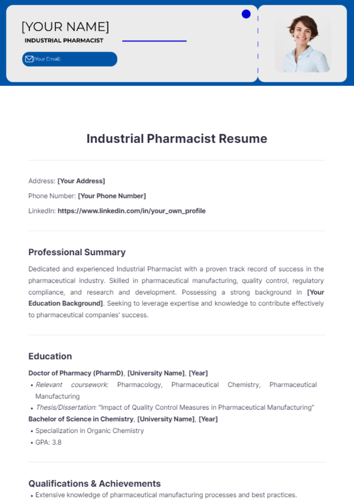 Industrial Pharmacist Resume - Edit Online & Download