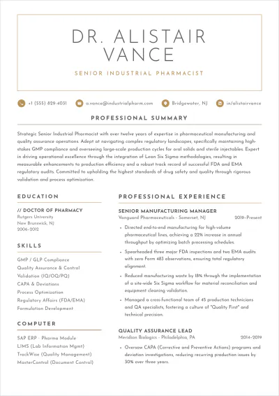 Free Industrial Pharmacist ATS Resume Template, AI Resume Builder
