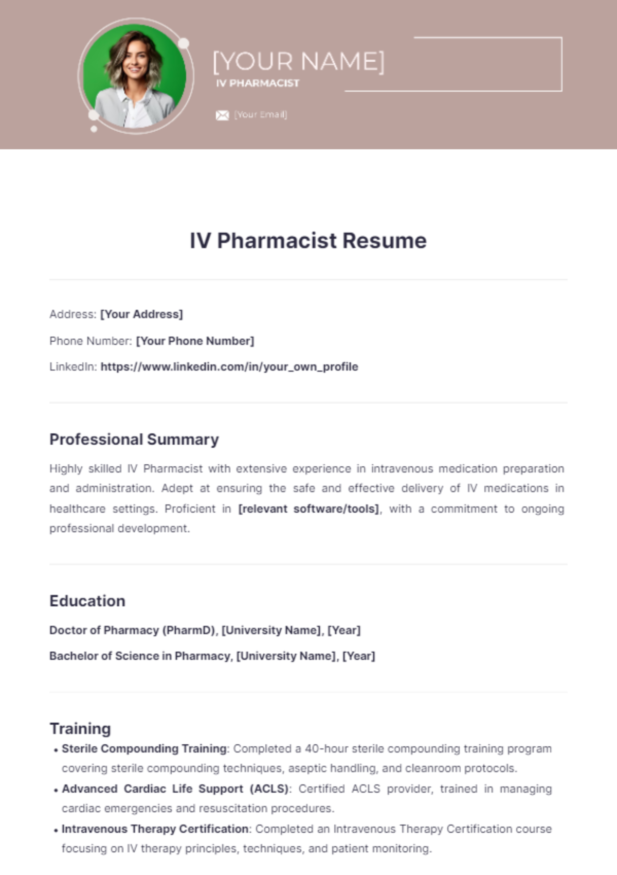 IV Pharmacist Resume - Edit Online & Download