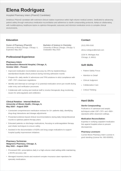 Free Hospital Pharmacy Intern ATS Resume Template, AI Resume Builder