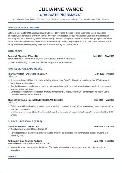 Free Graduate Pharmacist ATS Resume Template, AI Resume Builder