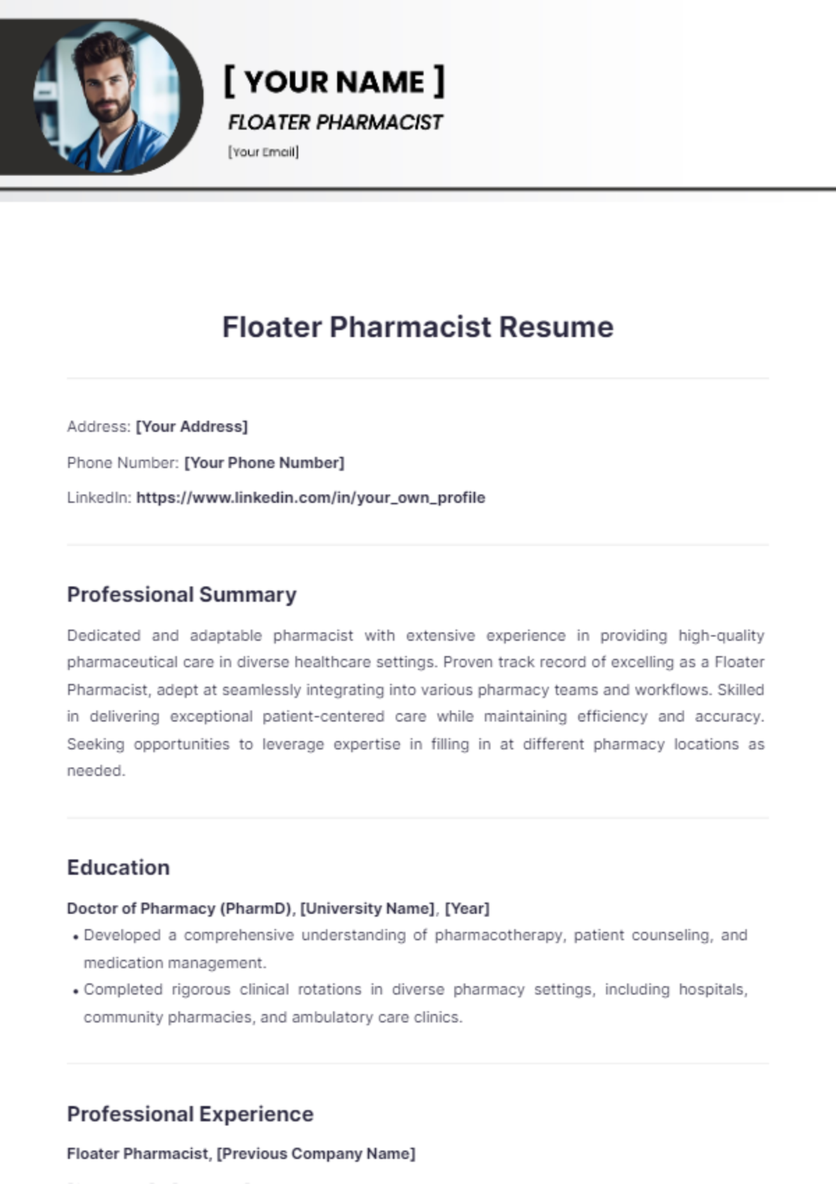 Floater Pharmacist Resume - Edit Online & Download