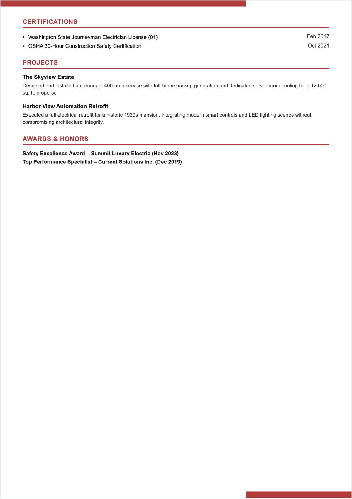 Free Residential Electrician ATS Resume Template, AI Resume Builder
