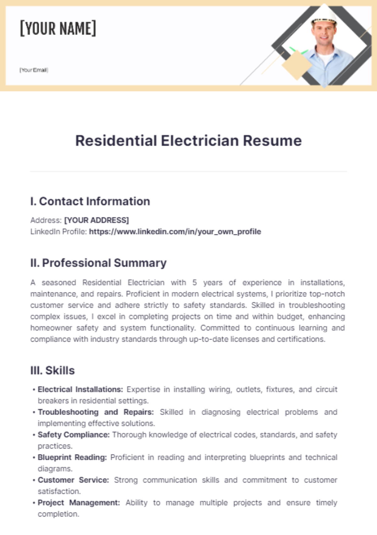 Residential Electrician Resume - Edit Online & Download Example ...